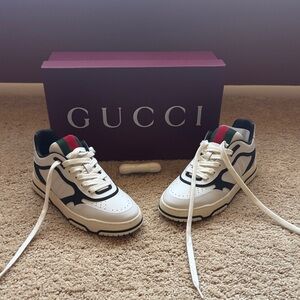 Gucci White Leather Sneakers with Black Accents, Sparrow Sole, and Red-Green Web